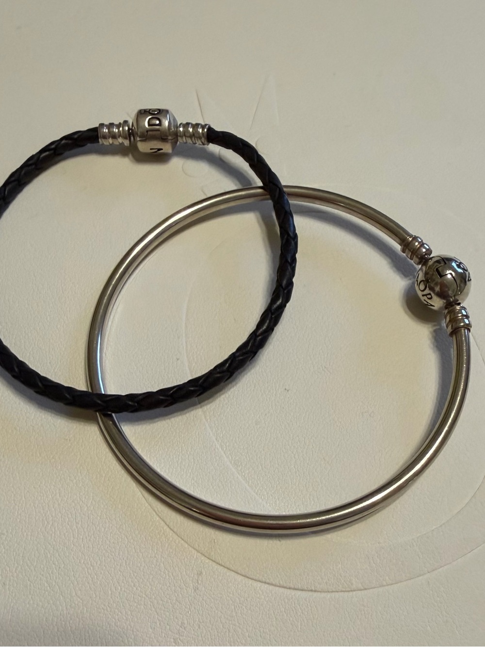 Pandora Silver Bangle and Black Braided Leather Bracelet Set 7.5” - Picture 1 of 6